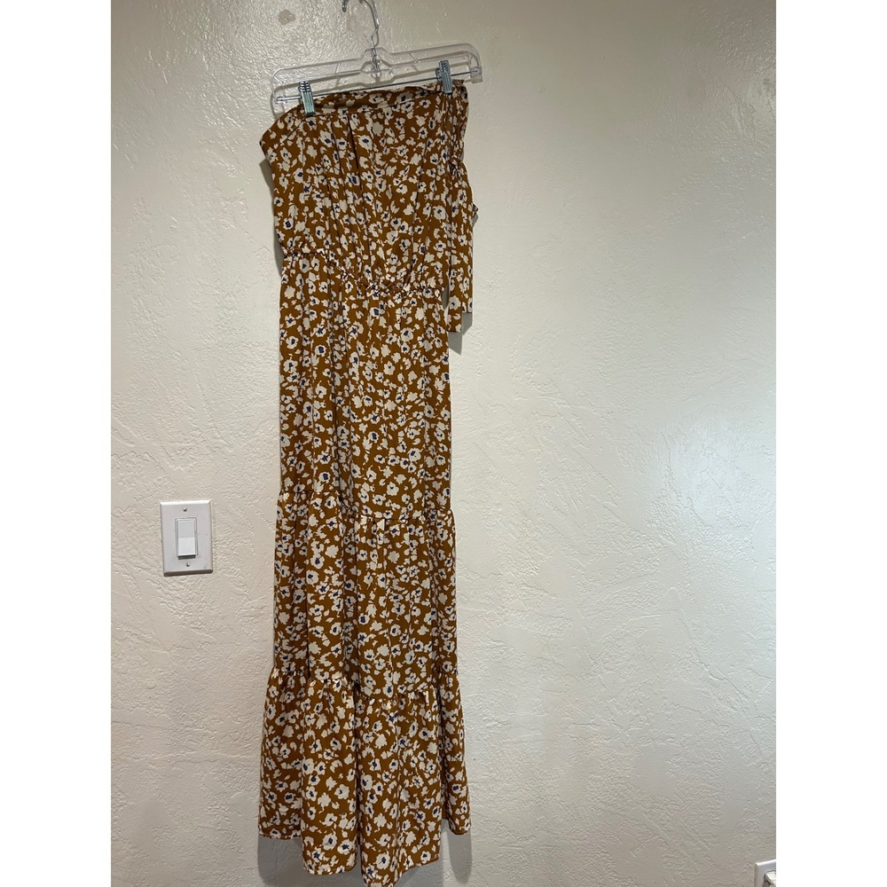 PrettyGarden Mustard Yellow Floral one‎ shoulder Tiered Maxi Dress Womens Size M